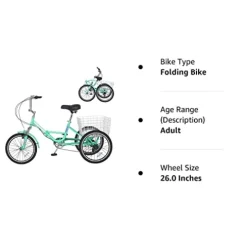LILYPELLE Adult Folding Tricycle 7 Speed 26 inch Light Green