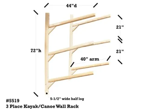 Log Kayak Rack 3 Place Wall Mount Kayak Canoe SUP Rack Canyon Brown Finish
