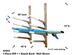 Log Kayak Rack 3 SUP or Surfboard Plus 1 Kayak Wall Rack Unfinished