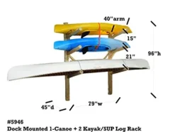 Log Kayak Rack Dock Mounted 1 Canoe Plus 2 Kayak or SUP Log Rack Unfinished