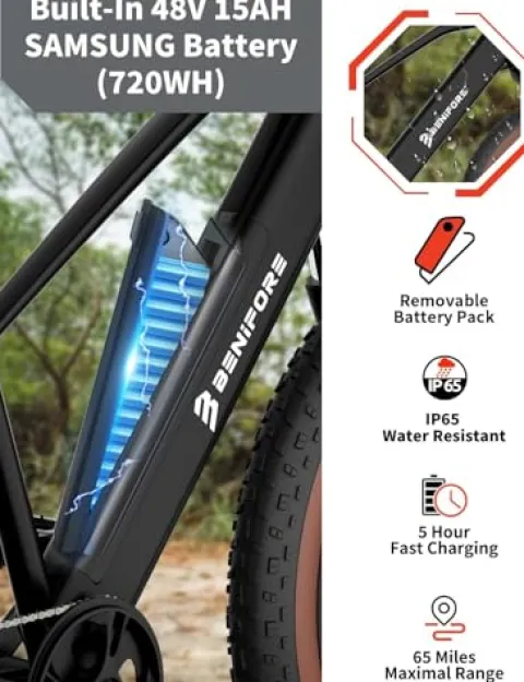 Luckeep 1200W Electric Mountain Bike with Lock, 26″ Fat Tire, 48V Battery