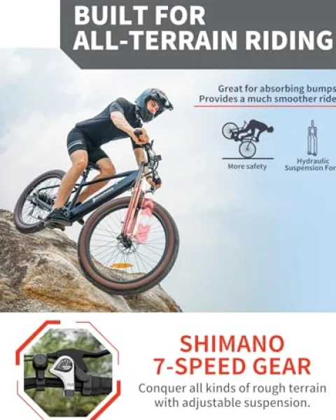 Luckeep 1200W Electric Mountain Bike with Lock, 26″ Fat Tire, 48V Battery