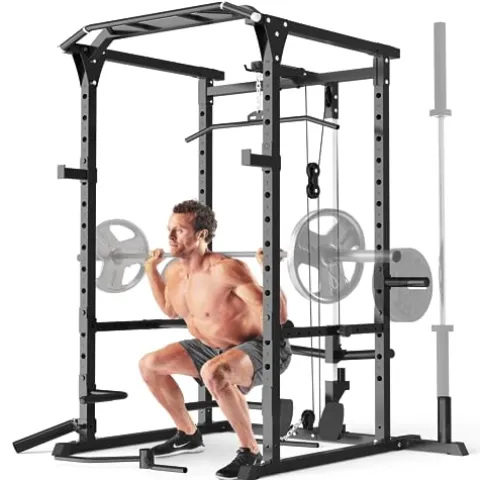 Mappding Power Cage Black Multi-Functional Power Rack with J-Hooks, Dip Handles, Landmine Attachment and Cable Pulley System Q2 Black