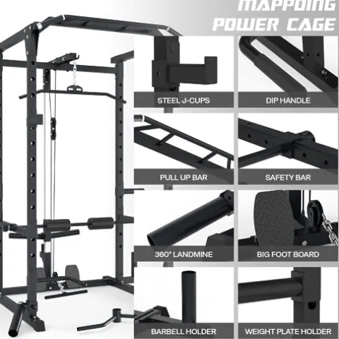 Mappding Power Cage Black Multi-Functional Power Rack with J-Hooks, Dip Handles, Landmine Attachment and Cable Pulley System Q2 Black