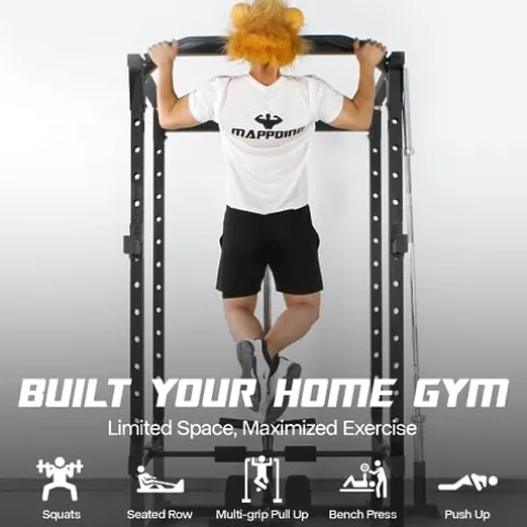 Mappding Power Cage Black Multi-Functional Power Rack with J-Hooks, Dip Handles, Landmine Attachment and Cable Pulley System Q2 Black