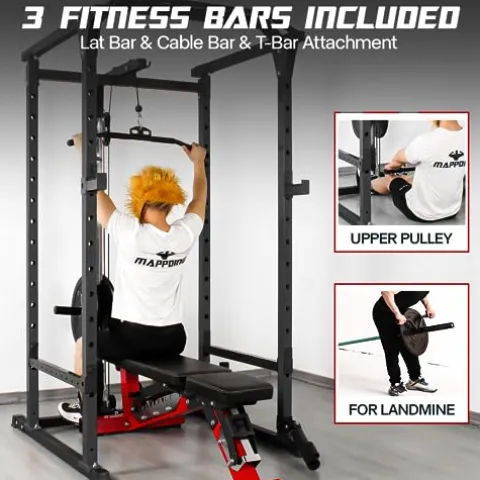 Mappding Power Cage Black Multi-Functional Power Rack with J-Hooks, Dip Handles, Landmine Attachment and Cable Pulley System Q2 Black