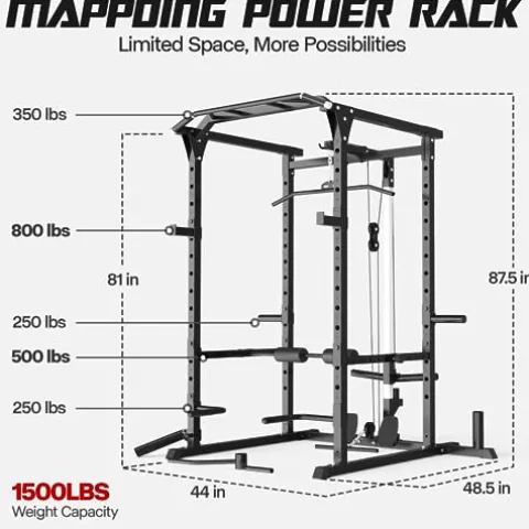 Mappding Power Cage Black Multi-Functional Power Rack with J-Hooks, Dip Handles, Landmine Attachment and Cable Pulley System Q2 Black