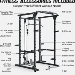 Mappding Power Cage Black Multi-Functional Power Rack with J-Hooks, Dip Handles, Landmine Attachment and Cable Pulley System Q2 Black