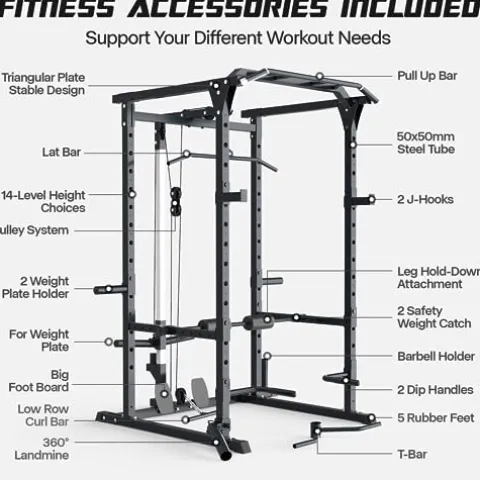 Mappding Power Cage Black Multi-Functional Power Rack with J-Hooks, Dip Handles, Landmine Attachment and Cable Pulley System Q2 Black