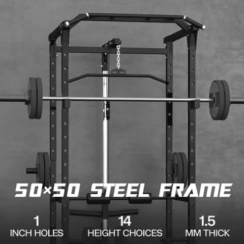 Mappding Power Cage Black Multi-Functional Power Rack with J-Hooks, Dip Handles, Landmine Attachment and Cable Pulley System Q2 Black