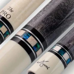 Meucci Pool Cues – Merry Widow Blue & Gray Maple Cue Stick with Paua Shell Squares Design, Irish Linen Wrap – Smoke Stain, Blue/Black Lacquered Linen