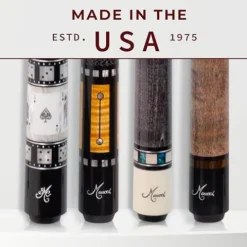 Meucci Pool Cues – Merry Widow Blue & Gray Maple Cue Stick with Paua Shell Squares Design, Irish Linen Wrap – Smoke Stain, Blue/Black Lacquered Linen