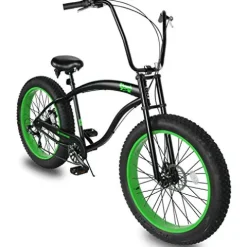 MICARGI 26” Beach Cruiser Bicycles Fat Tire Bikes 18.5-Inch Medium High-Tensile Steel Frame, Variable 7 Speed Green BK/NGRN