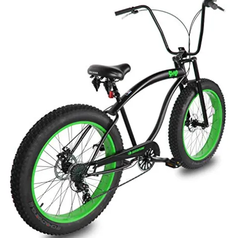 MICARGI 26” Beach Cruiser Bicycles Fat Tire Bikes 18.5-Inch Medium High-Tensile Steel Frame, Variable 7 Speed Green BK/NGRN