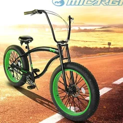 MICARGI 26” Beach Cruiser Bicycles Fat Tire Bikes 18.5-Inch Medium High-Tensile Steel Frame, Variable 7 Speed Green BK/NGRN