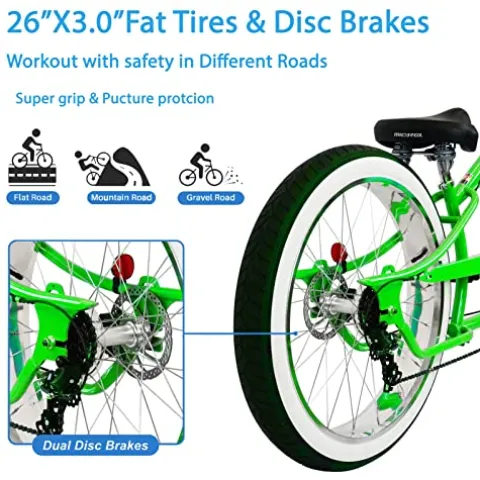 MICARGI Boston GT7 Fat Tire Beach Cruiser Bike 7-Speed Dual Suspension Green