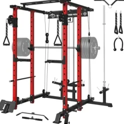 Mikolo Power Cage with LAT PullDown, Cable Crossover & Pulley System Red