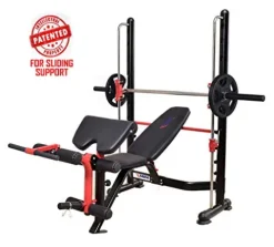 MiM USA Adjustable Olympic Weight Bench Press Set with Leg Extension, Preacher Curl, Squat Rack w/Smith Structure – Black Red