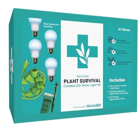 Miracle LED Plant Survival Indoor Grow Light Kit – 4 Multi-Plant Blue Spectrum Bulbs & 4-Socket Fixture with Timer Blue Spectrum