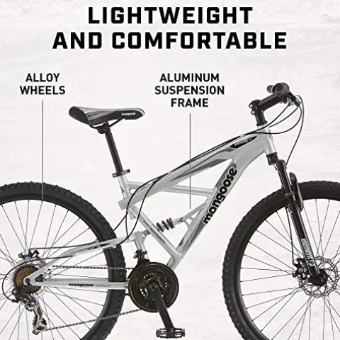 Mongoose Impasse Full Suspension Mountain Bike 18-Inch Aluminum Frame 29-Inch Wheels Silver