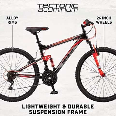 Mongoose Status 2.2 Mountain Bike 26-Inch Wheels 21-Speed Shifters Aluminum Frame Front Suspension Black/Red