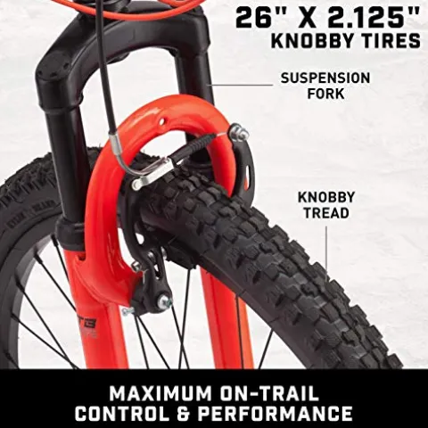 Mongoose Status 2.2 Mountain Bike 26-Inch Wheels 21-Speed Shifters Aluminum Frame Front Suspension Black/Red