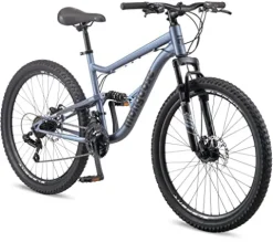 Mongoose Status Mountain Bike 26-Inch Wheels 21 Speed Trigger Shifters Aluminum Frame Dual Suspension Front and Rear Disc Brakes Slate Blue