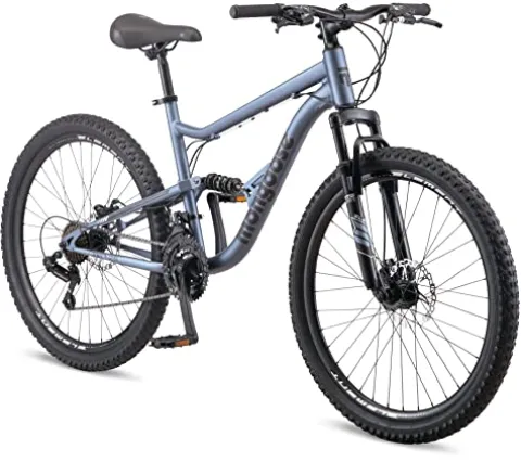 Mongoose Status Mountain Bike 26-Inch Wheels 21 Speed Trigger Shifters Aluminum Frame Dual Suspension Front and Rear Disc Brakes Slate Blue