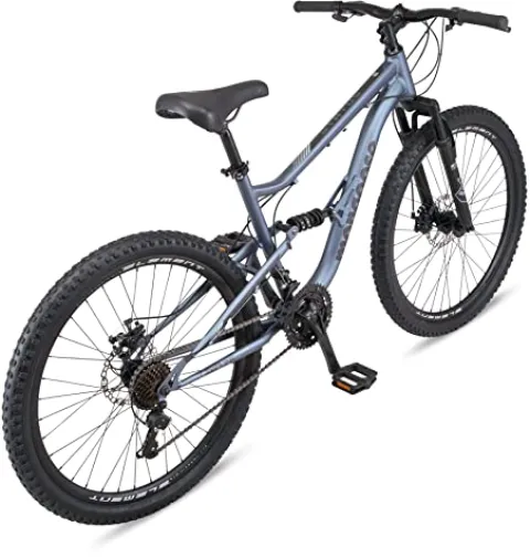 Mongoose Status Mountain Bike 26-Inch Wheels 21 Speed Trigger Shifters Aluminum Frame Dual Suspension Front and Rear Disc Brakes Slate Blue