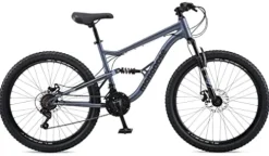Mongoose Status Mountain Bike 26-Inch Wheels 21 Speed Trigger Shifters Aluminum Frame Dual Suspension Front and Rear Disc Brakes Slate Blue