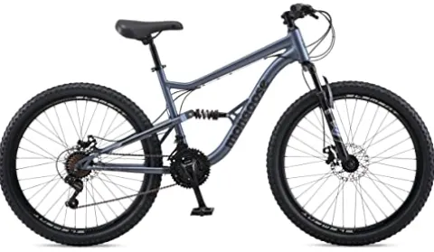 Mongoose Status Mountain Bike 26-Inch Wheels 21 Speed Trigger Shifters Aluminum Frame Dual Suspension Front and Rear Disc Brakes Slate Blue