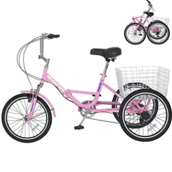NAIZEA Adult Folding Tricycle 7 Speed 20/24/26 Inch 3 Wheel Bike Cruiser Trike with Large Basket – Pink
