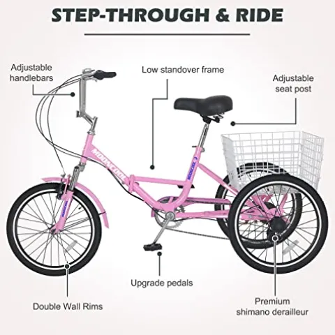NAIZEA Adult Folding Tricycle 7 Speed 20/24/26 Inch 3 Wheel Bike Cruiser Trike with Large Basket – Pink