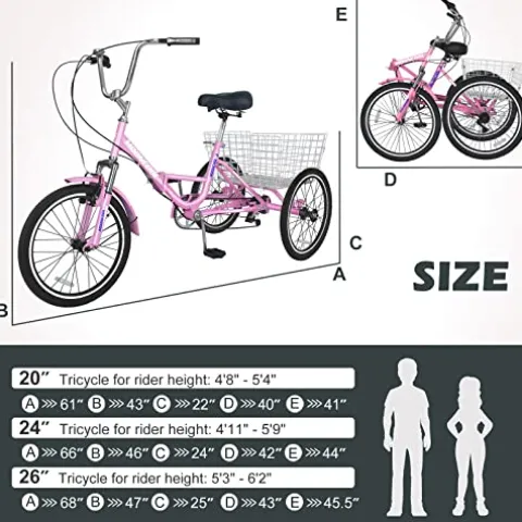NAIZEA Adult Folding Tricycle 7 Speed 20/24/26 Inch 3 Wheel Bike Cruiser Trike with Large Basket – Pink