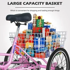 NAIZEA Adult Folding Tricycle 7 Speed 20/24/26 Inch 3 Wheel Bike Cruiser Trike with Large Basket – Pink