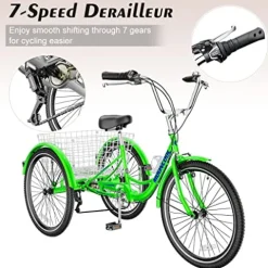 NAIZEA Adult Tricycle 7 Speed Three Wheel Cruiser Bike 20/24/26 inch with Large Basket Apple Green