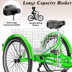 NAIZEA Adult Tricycle 7 Speed Three Wheel Cruiser Bike 20/24/26 inch with Large Basket Apple Green