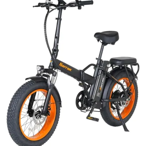 Narrak Fat Tire Folding Electric Bike 48V 624Wh Lithium Removable Battery Peak 1100W Brushless Motor Max Speed 28Mph M5 Large LCD Display Suspension Step-Over Frame for Adults Black/Orange