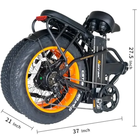 Narrak Fat Tire Folding Electric Bike 48V 624Wh Lithium Removable Battery Peak 1100W Brushless Motor Max Speed 28Mph M5 Large LCD Display Suspension Step-Over Frame for Adults Black/Orange