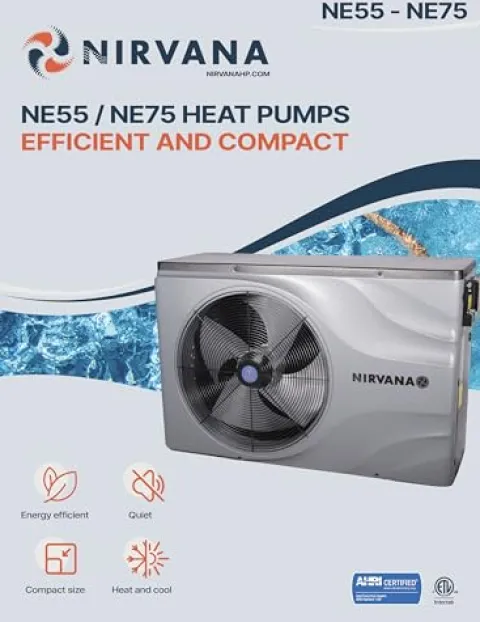 Nirvana Heat Pump NE75 AHRI Certified Spa and Swimming Pool Heater, 73,500 BTU, 15K Gallon Gray/Black