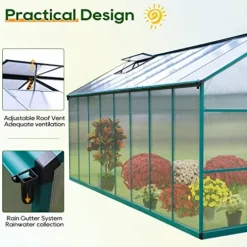 ONLYCTR 8’x16′ Green Polycarbonate Walk-In Greenhouse with Roof Vent