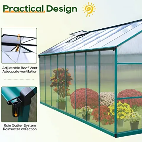 ONLYCTR 8’x16′ Green Polycarbonate Walk-In Greenhouse with Roof Vent