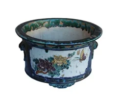Orientliving Chinese Ceramic Dimensional Flower Butterfly Round Planter Green