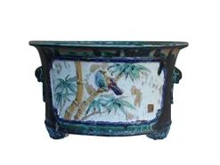 Orientliving Chinese Ceramic Dimensional Flower Butterfly Round Planter Green