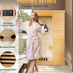 OUTEXER Far Infrared Sauna Canadian Hemlock Wood Indoor 800W with Control Panel Wood Color