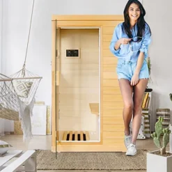 OUTEXER Far Infrared Sauna Canadian Hemlock Wood Indoor 800W with Control Panel Wood Color