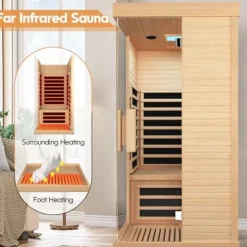 OUTEXER Indoor Far Infrared Sauna Canadian Hemlock Single Person Spa Wood Color
