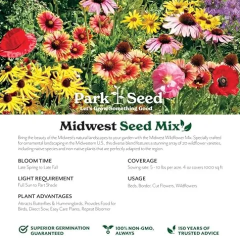 Park Seed Wildflower Garden Seeds Mixture for Pollinators – Midwest Regional Mix, 25 lbs
