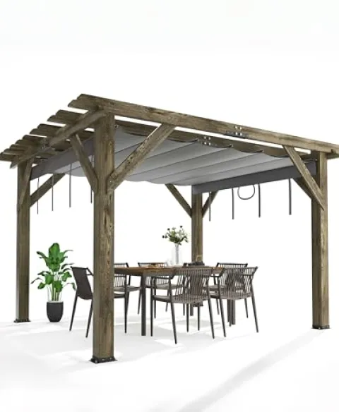 Perbyste 10′ x 12′ Outdoor Wood Pergola with Retractable Shade Canopy Charcoal Gray