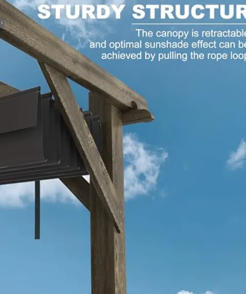 Perbyste 10′ x 12′ Outdoor Wood Pergola with Retractable Shade Canopy Charcoal Gray